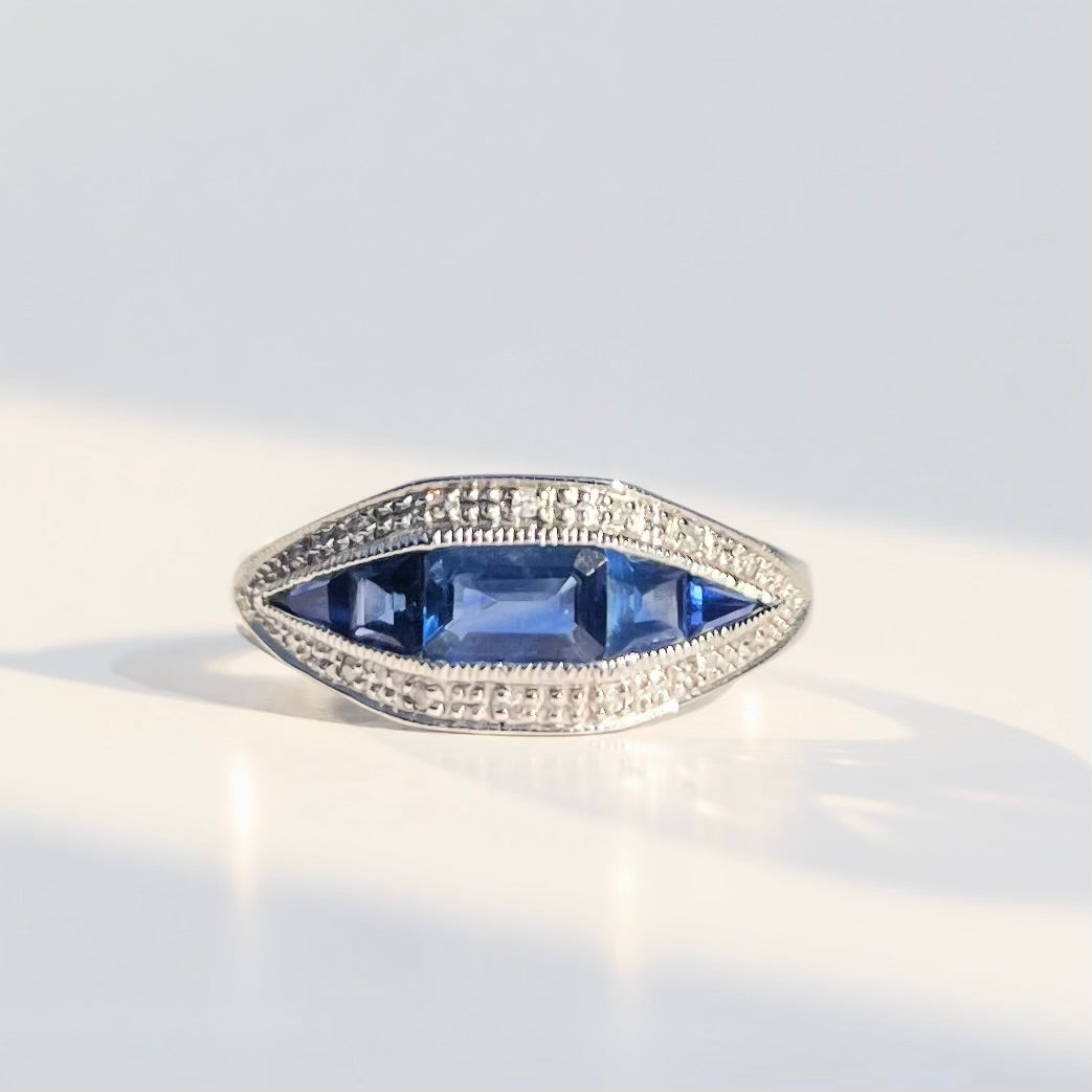 Art Deco Reproduction Madagascar Blue Sapphire and Diamond 9ct White Gold Ring | Size O