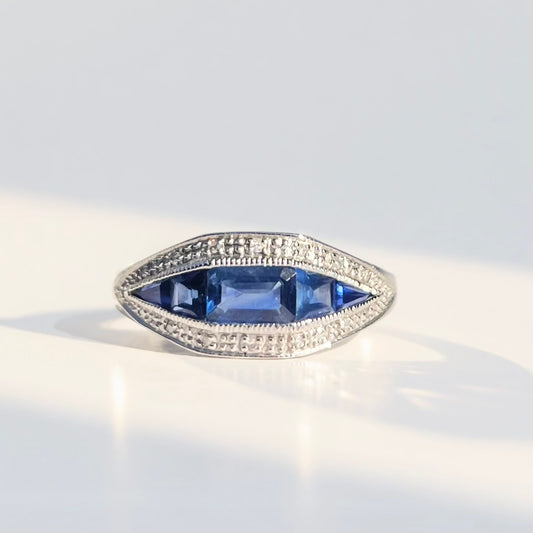 Art Deco Reproduction 9ct White Gold Madagascar Blue Sapphire and Diamond Ring - Size O