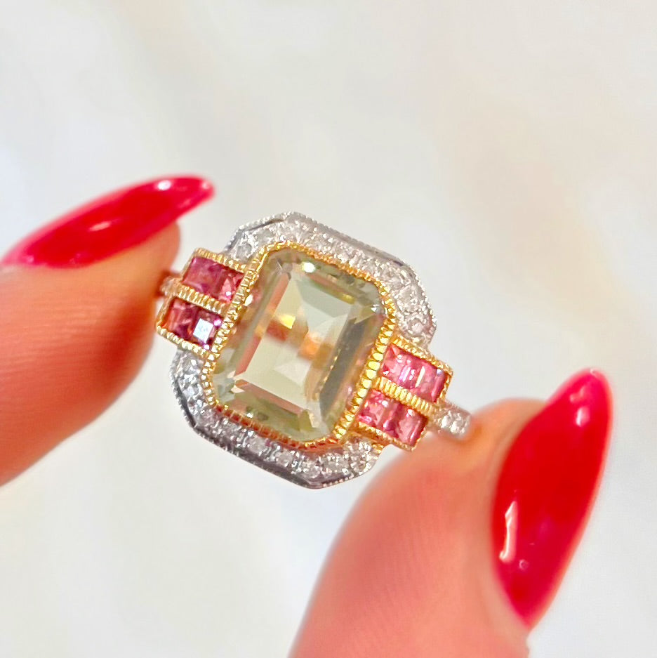 Art Deco Inspired 9ct Yellow Gold Green Amethyst and Pink Tourmaline Ring - Size O ½