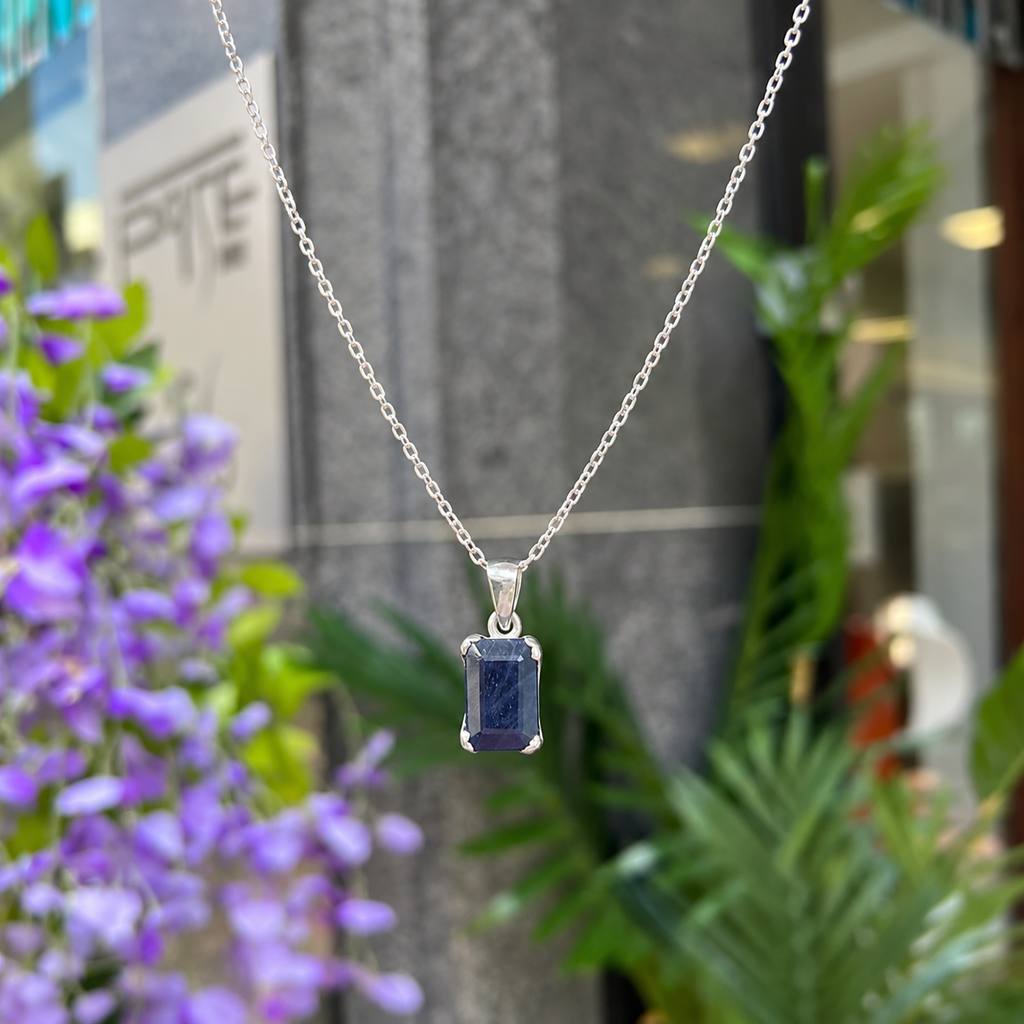 Claw Set Emerald Cut Blue Sapphire Sterling Silver Pendant & Chain