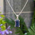 Claw Set Emerald Cut Blue Sapphire Sterling Silver Pendant & Chain