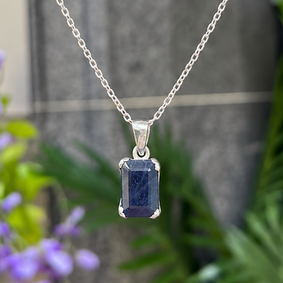 Claw Set Emerald Cut Blue Sapphire Sterling Silver Pendant & Chain