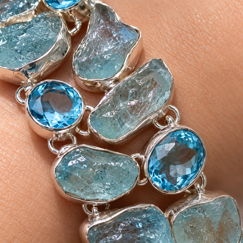 Raw Aquamarine and Blue Topaz Sterling Silver Bracelet