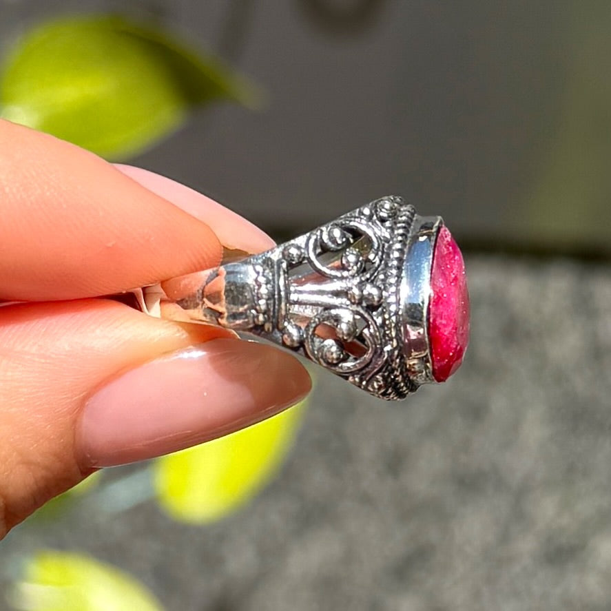 Pear Cut Ruby Sterling Silver Boho Chunky Ring | Size O