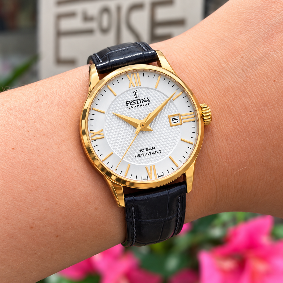 Festina | Swiss Gold Steel Black Leather Strap Watch | Ladies