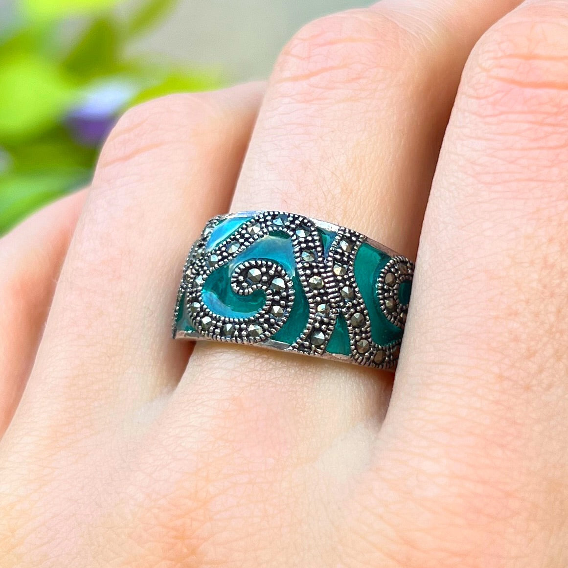 Sterling Silver Marcasite and Green Enamel Ring - Size O