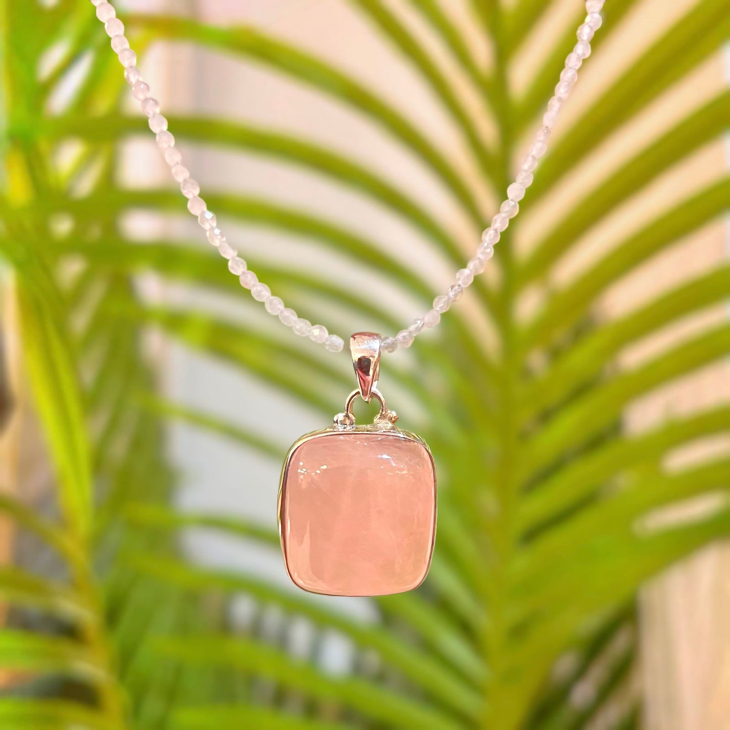 Sterling Silver Pink Square Rose Quartz Beaded Necklace