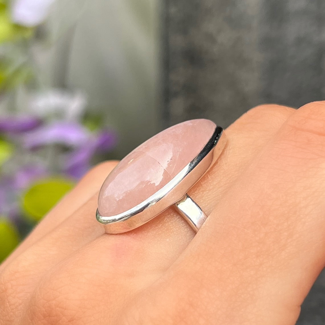 Sterling Silver Pear Cut Pink Rose Quartz Ring - Adjustable Size