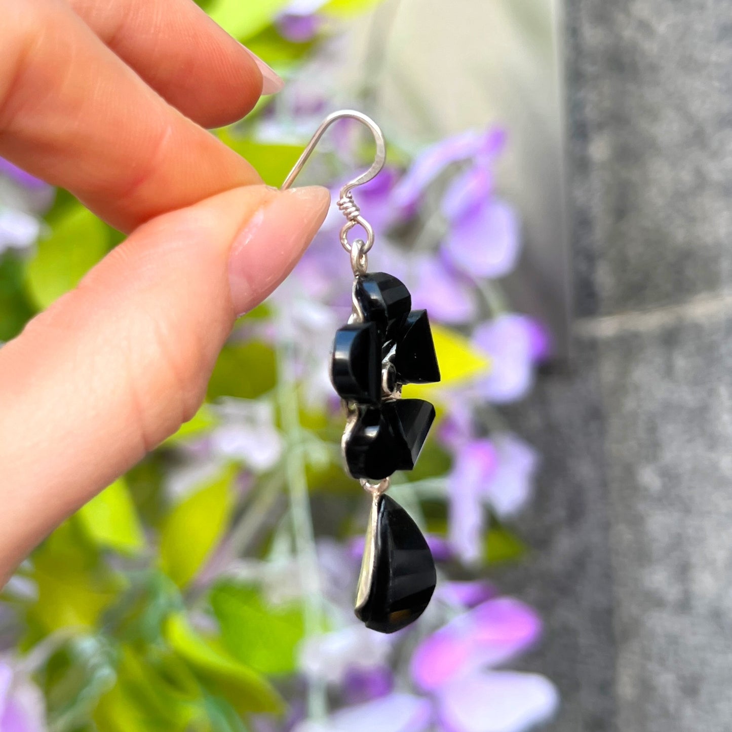 Sterling Silver Black Onyx Flower Drop Earrings