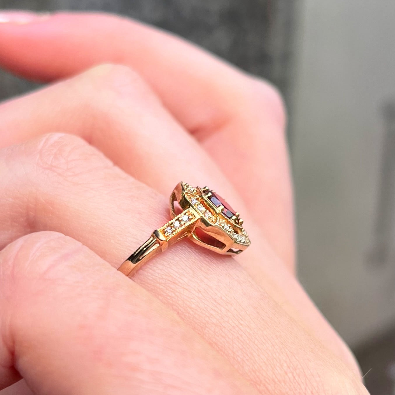 Art Deco Inspired Octagonal Garnet and Diamond 9ct Yellow Gold Ring | Size M ½