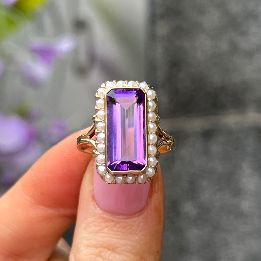 Amethyst & Pearl 9ct Yellow Gold Ring | Size N