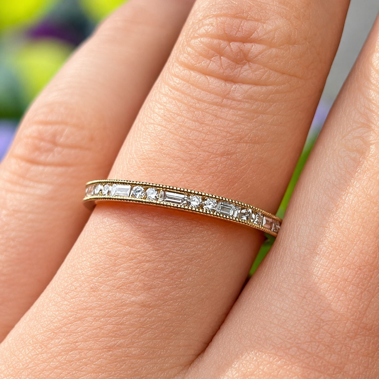 Brilliant and Baguette Cut Diamond 18ct Yellow Gold Half Eternity Ring | Size M ½
