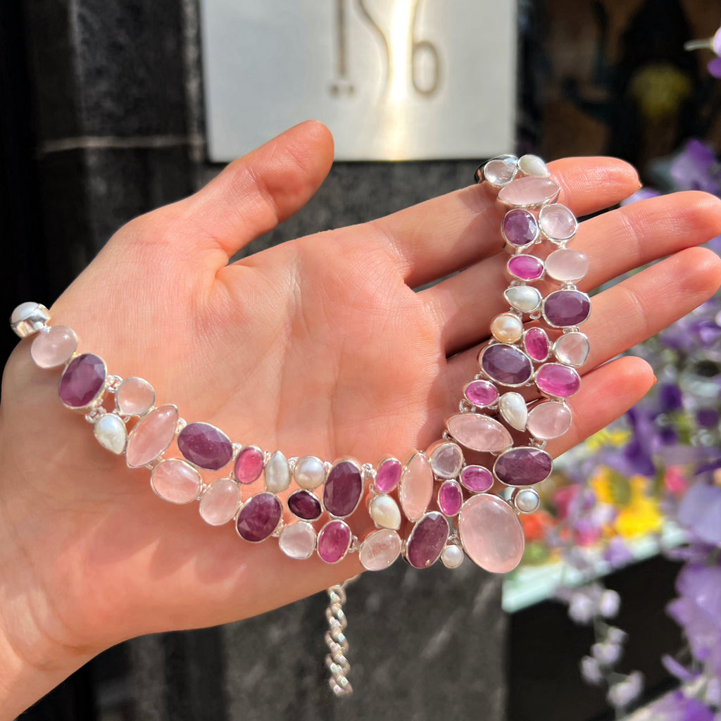 Ruby, White Pearl, Rose Quartz & Clear Quartz Sterling Silver Chunky Collar Necklace