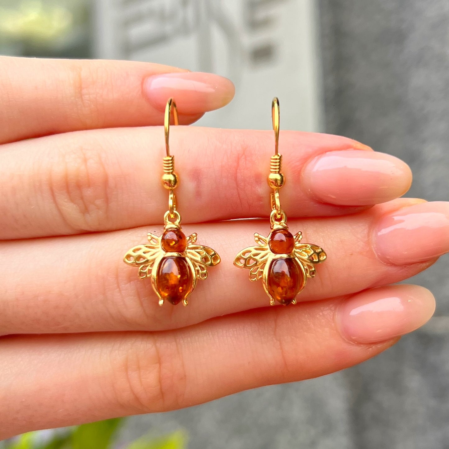 9ct Gold Plated Orange Amber Bee Design Drop Earrings