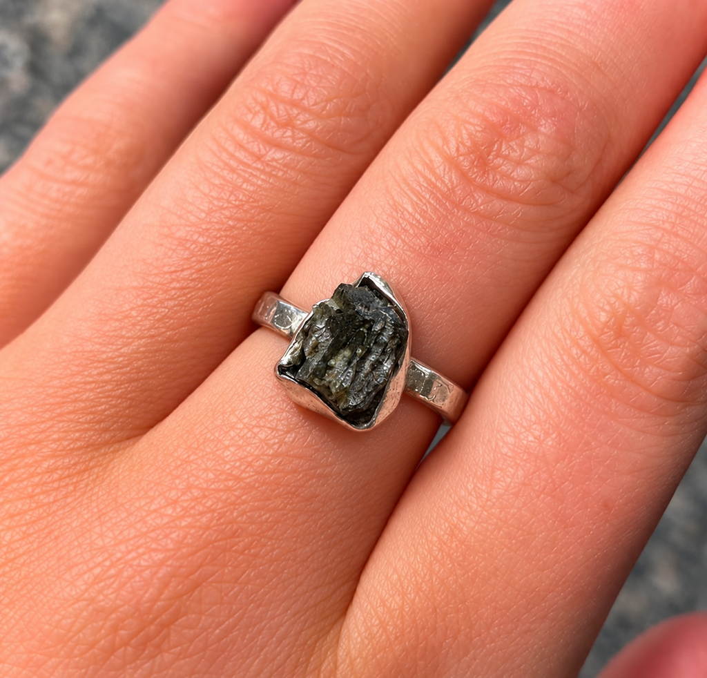 Rough Cut Green Moldavite Sterling Silver Ring | Size P