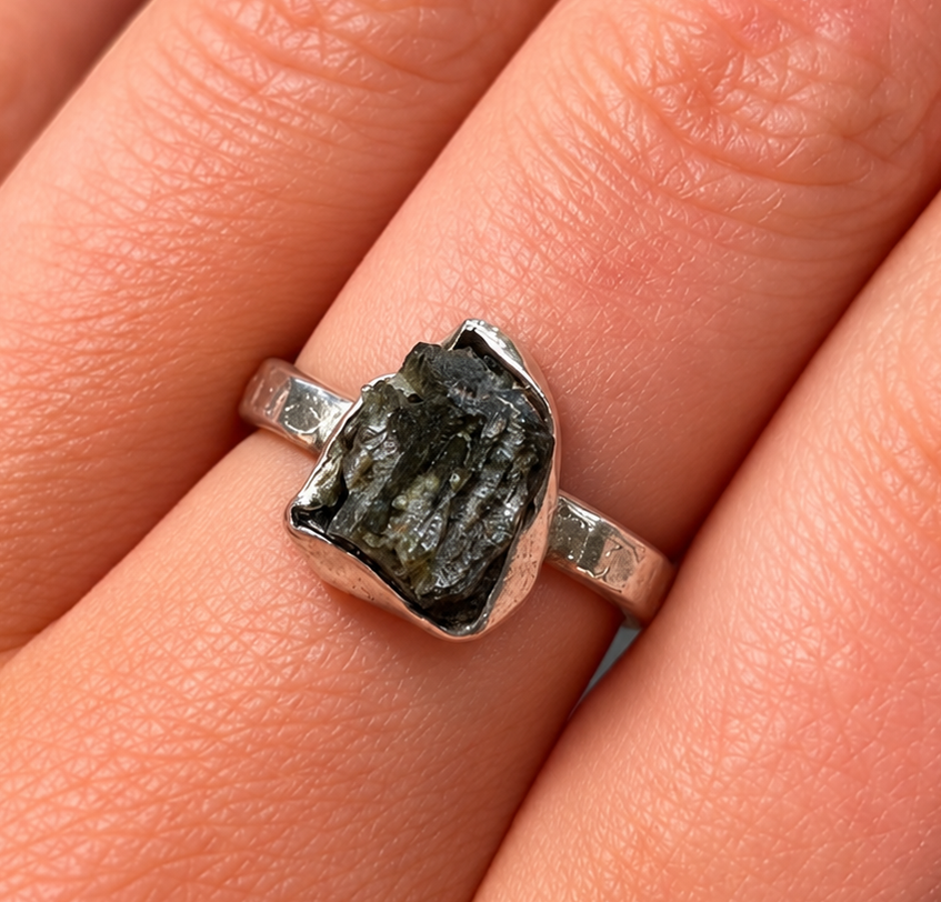 Rough Cut Green Moldavite Sterling Silver Ring | Size P