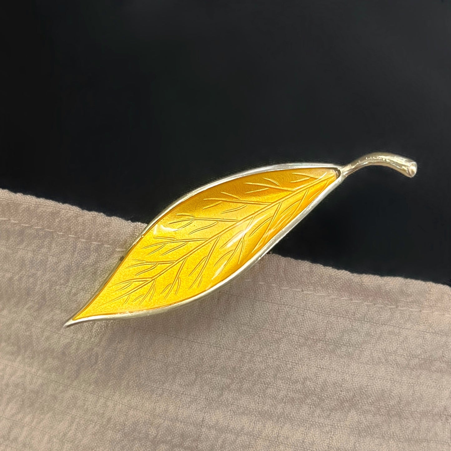 Norwegian Sterling Silver David Andersen Golden Yellow Enamelled Leaf Brooch