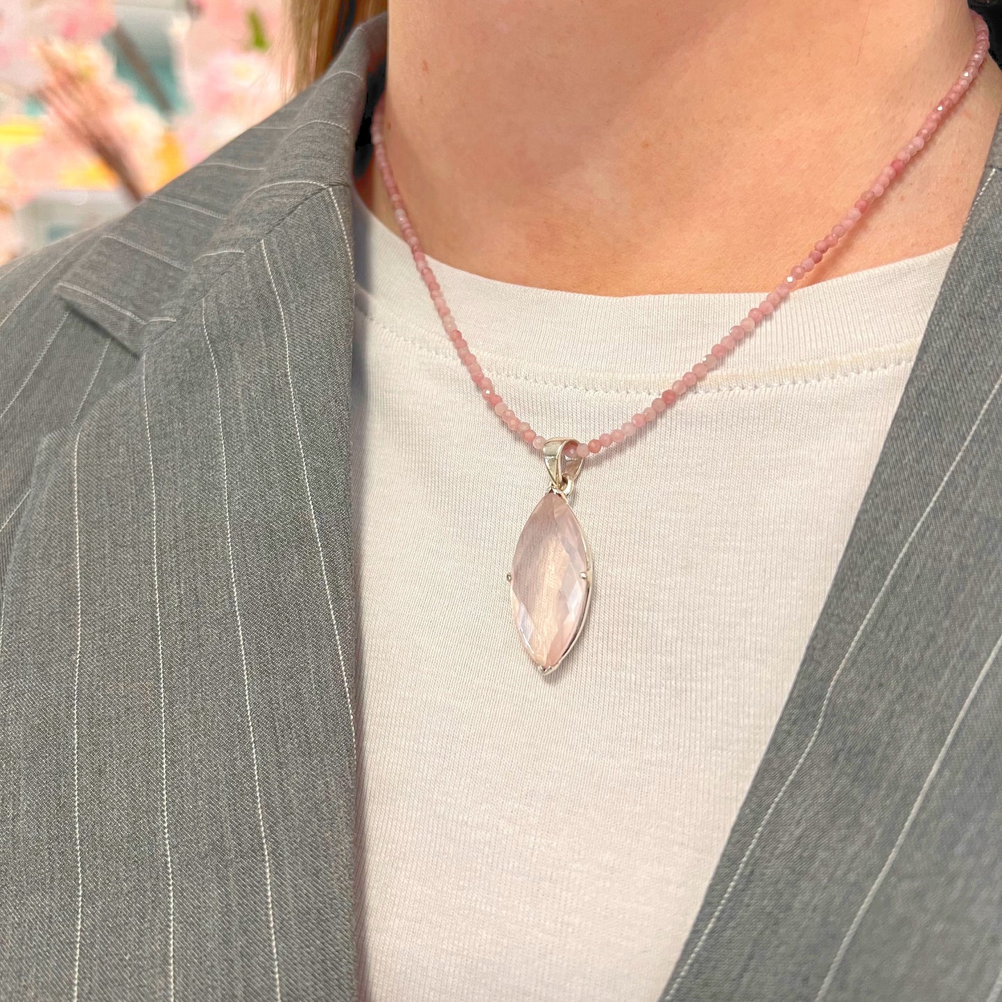 Pink Rose Quartz Marquise Cut Sterling Silver Beaded Necklace