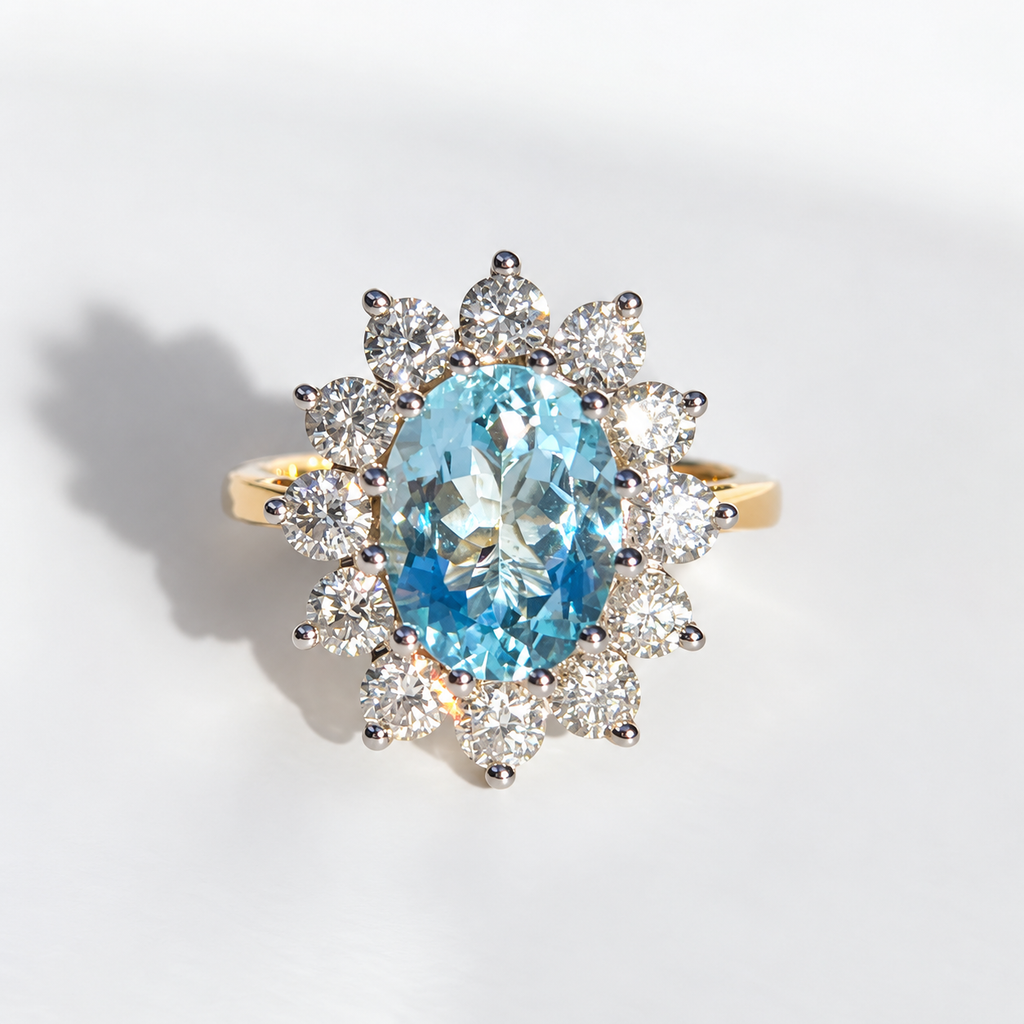 Aquamarine and Diamond Classic Cluster 14ct Yellow Gold Ring