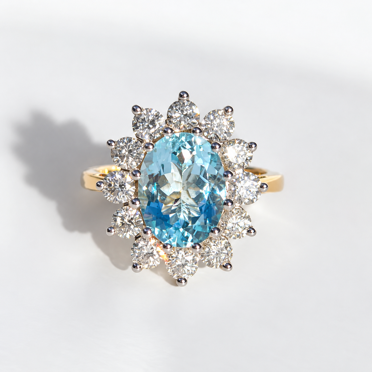 Aquamarine and Diamond Classic Cluster 14ct Yellow Gold Ring