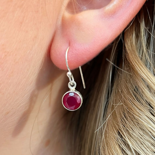 Sterling Silver Round Ruby Drop Earrings