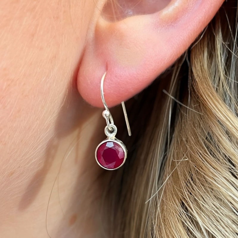 Sterling Silver Round Ruby Drop Earrings