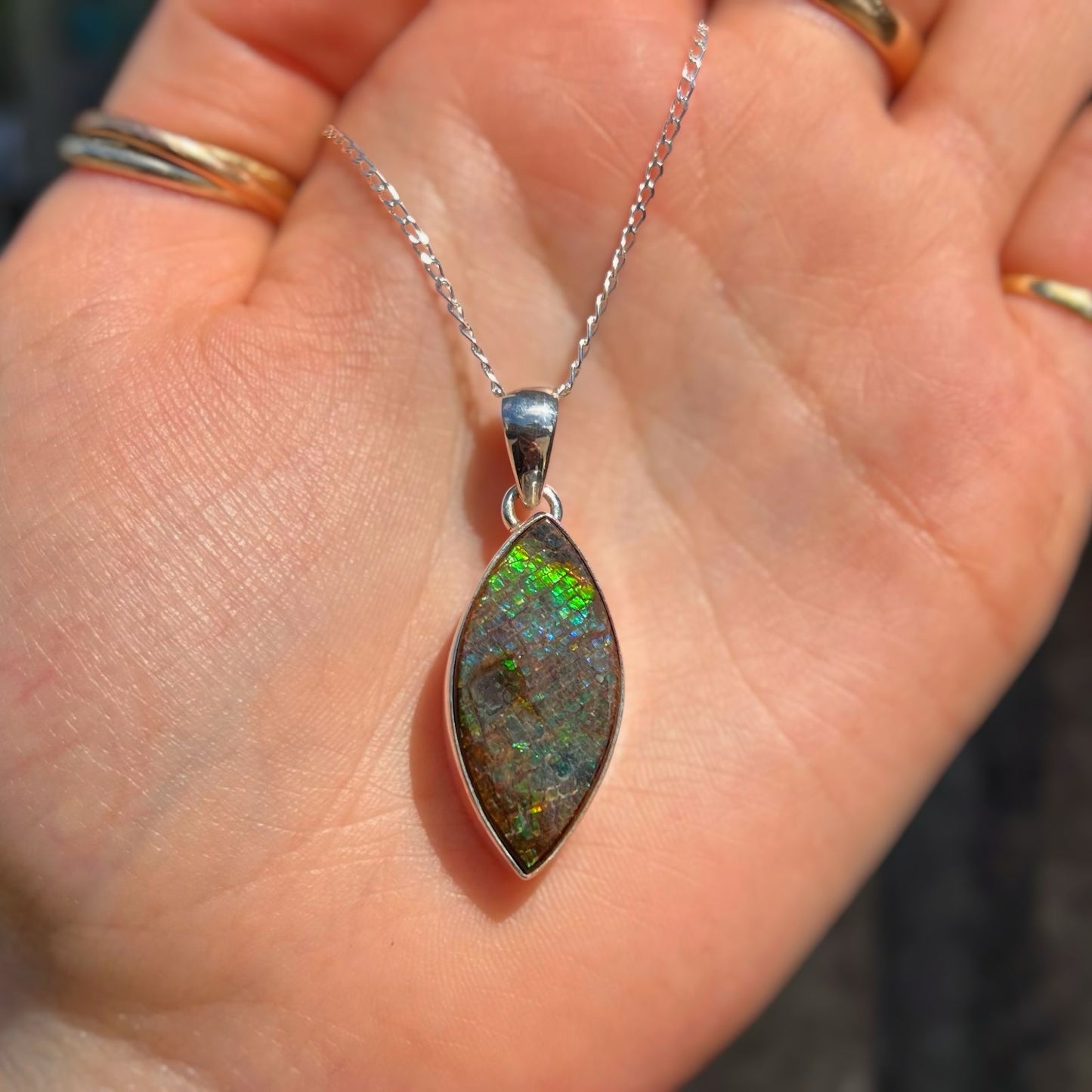 RARE Sterling Silver Fossilied Ammolite Marquise-Shaped Necklace