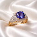 Vintage Indigo Tanzanite and Diamond 18ct Yellow Gold Cluster Chunky Ring | Size N