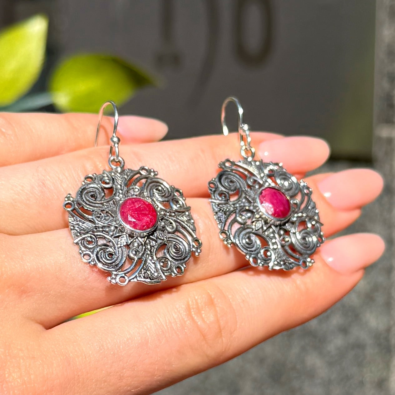 Round Cut Ruby Sterling Silver Boho Drop Earrings