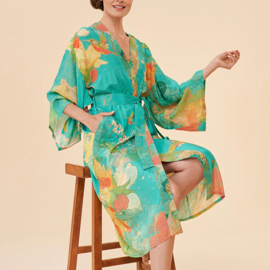 Powder Accessories Aqua Blue Floral Hummingbird Long Kimono Gown