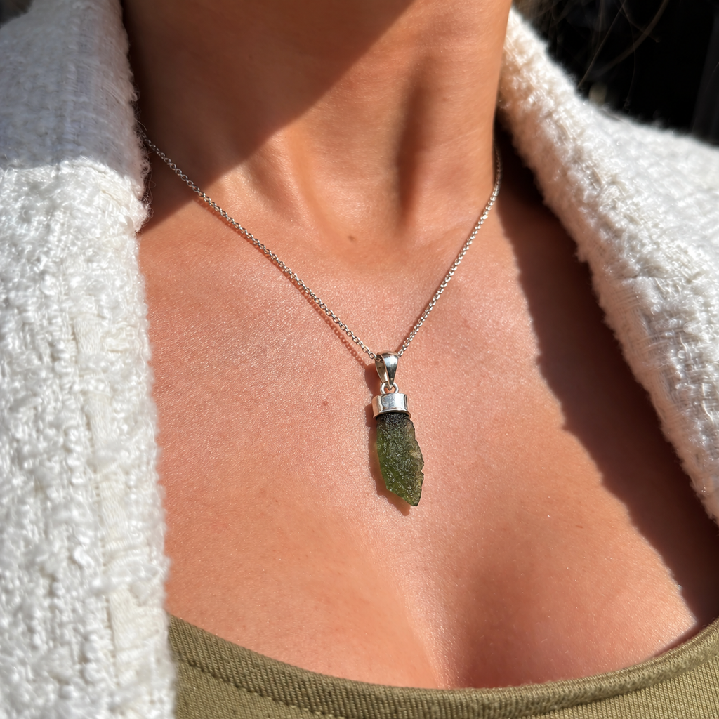 Rough Cut Green Moldavite Sterling Silver Pendant