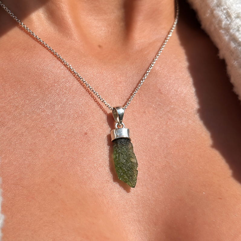 Rough Cut Green Moldavite Sterling Silver Pendant