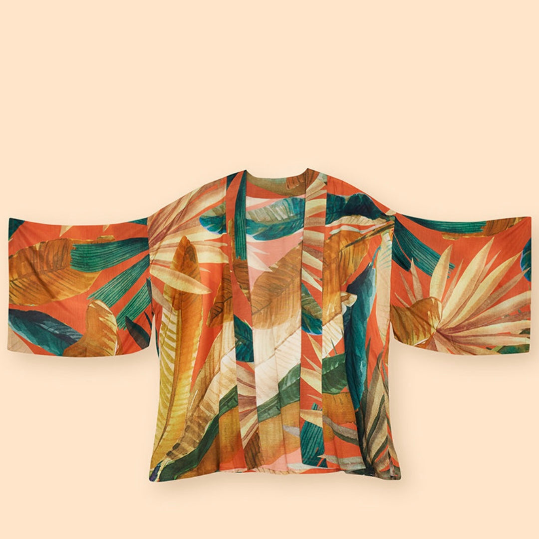 Powder Accessories Orange and Green Leaf Print Painted Palms Short Kimono Jacket