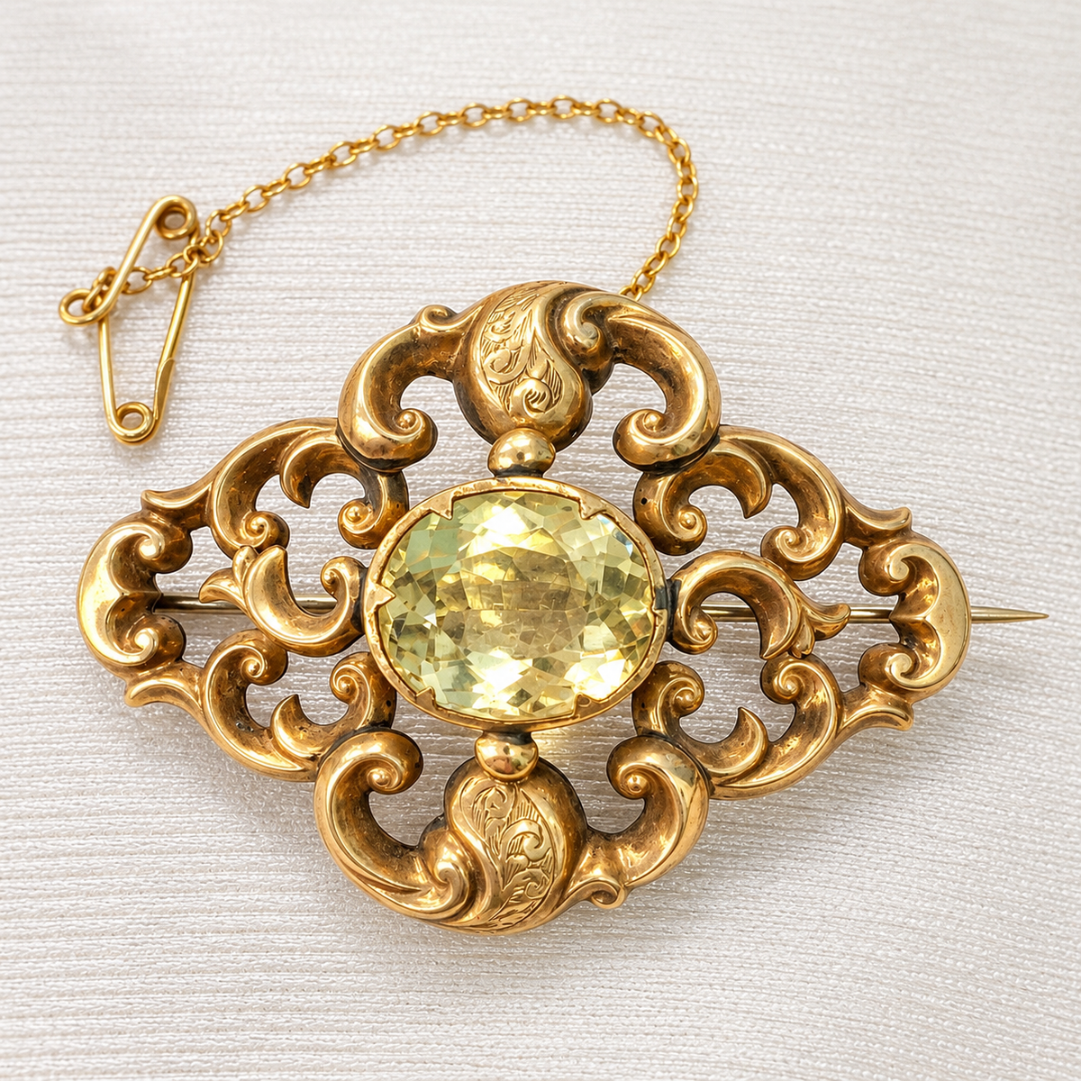 Victorian Golden Citrine 9ct Yellow Gold Brooch (with safety chain)