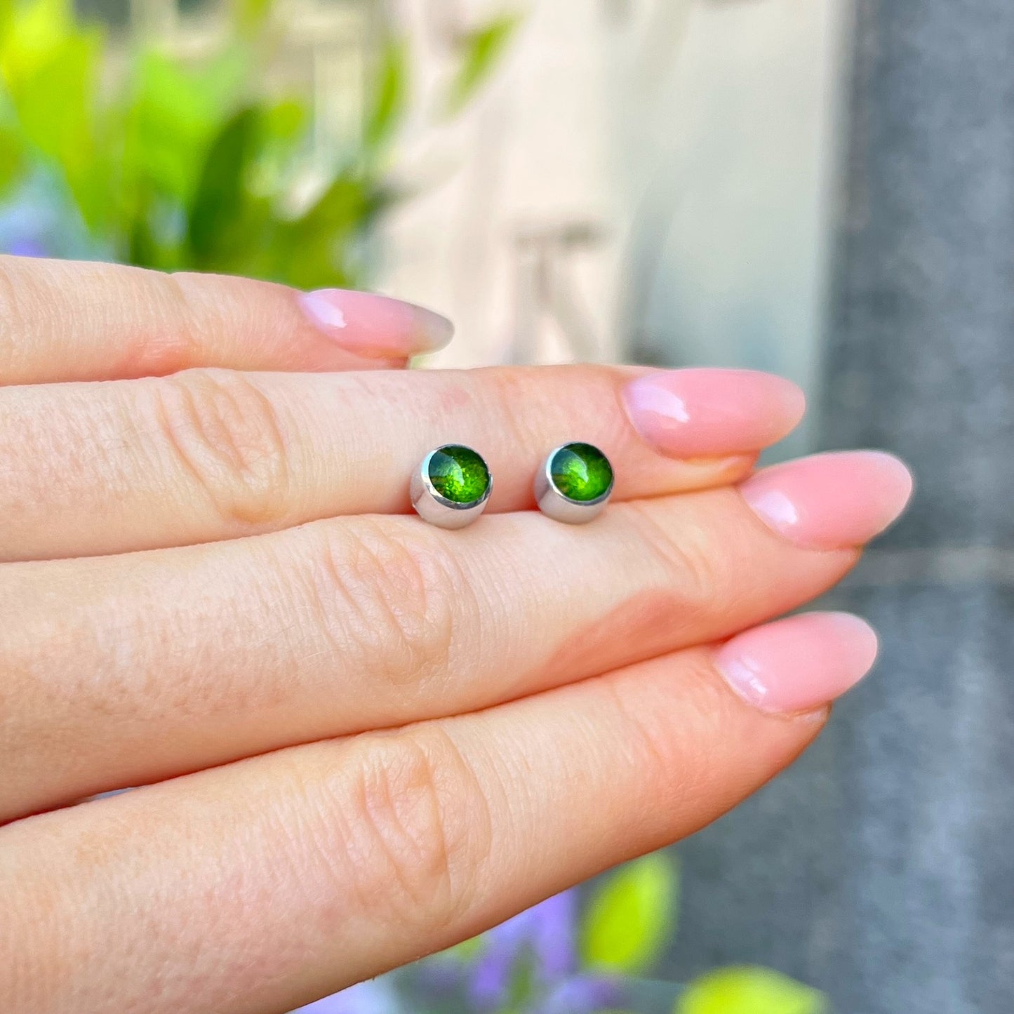 ‘Watch This Space’ Small Green Round Stud Earrings