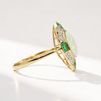 Art Deco Reproduction Opal, Emerald and Diamond 9ct Yellow Gold Ring | Size M ½