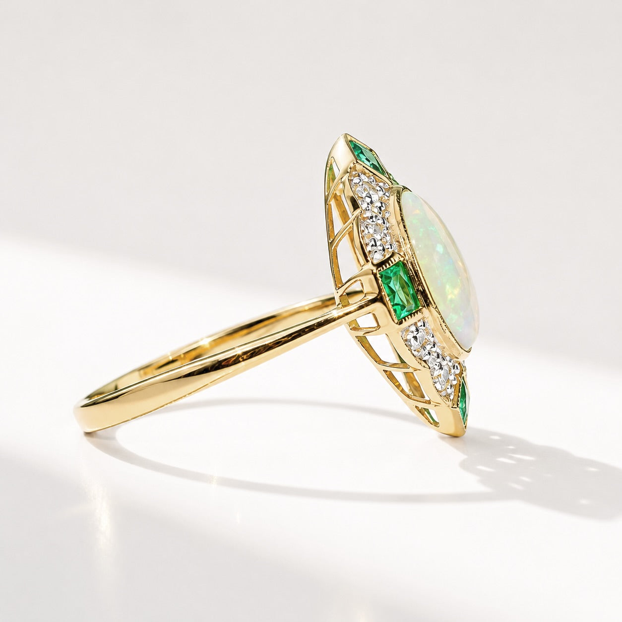Art Deco Reproduction Opal, Emerald and Diamond 9ct Yellow Gold Ring | Size M ½