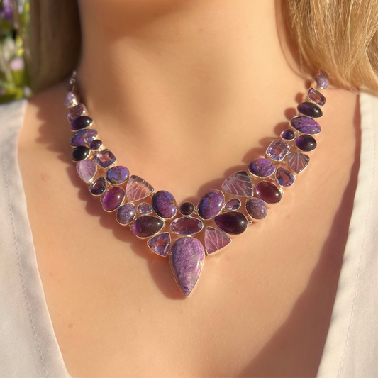 Chunky Sterling Silver Amethyst, Mohave Turquoise and Charoite Statement Necklace