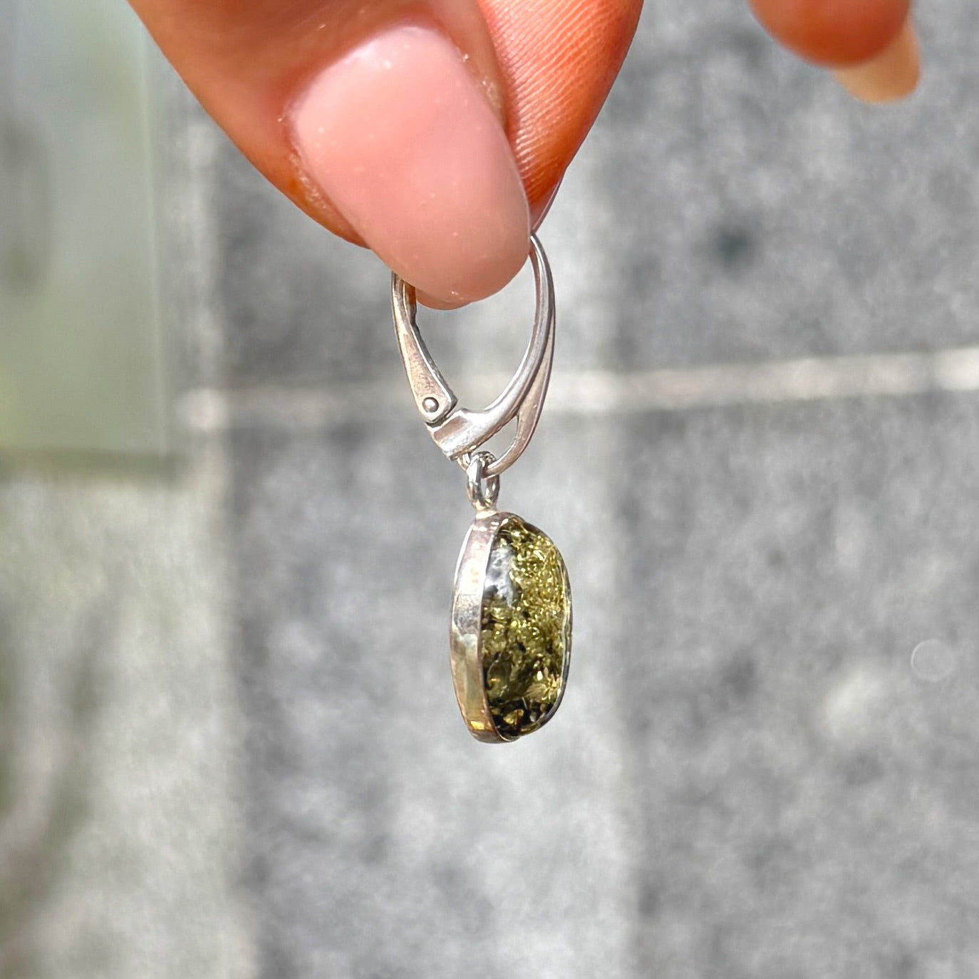 Green Amber Sterling Silver Oval Drop Earrings