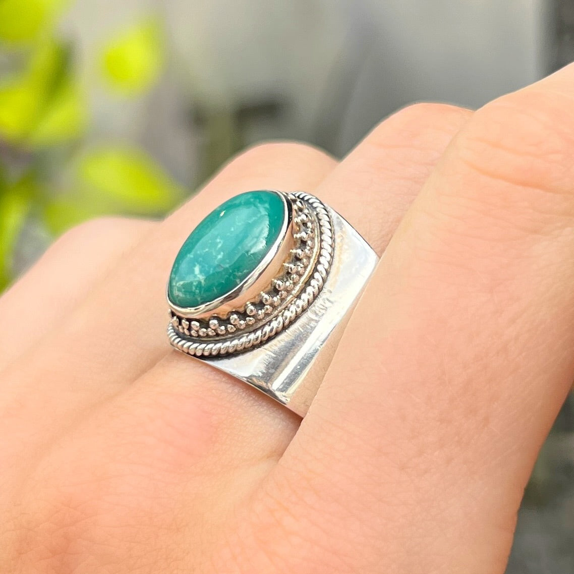 Sterling Silver Boho Green Amazonite Ring - Size T