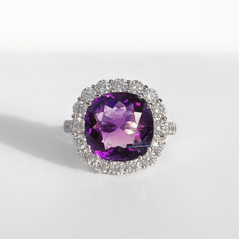 'Elizabeth' Ring - Spectacular 18ct White Gold Amethyst and Diamond Statement Dress Ring – Size N 1/2