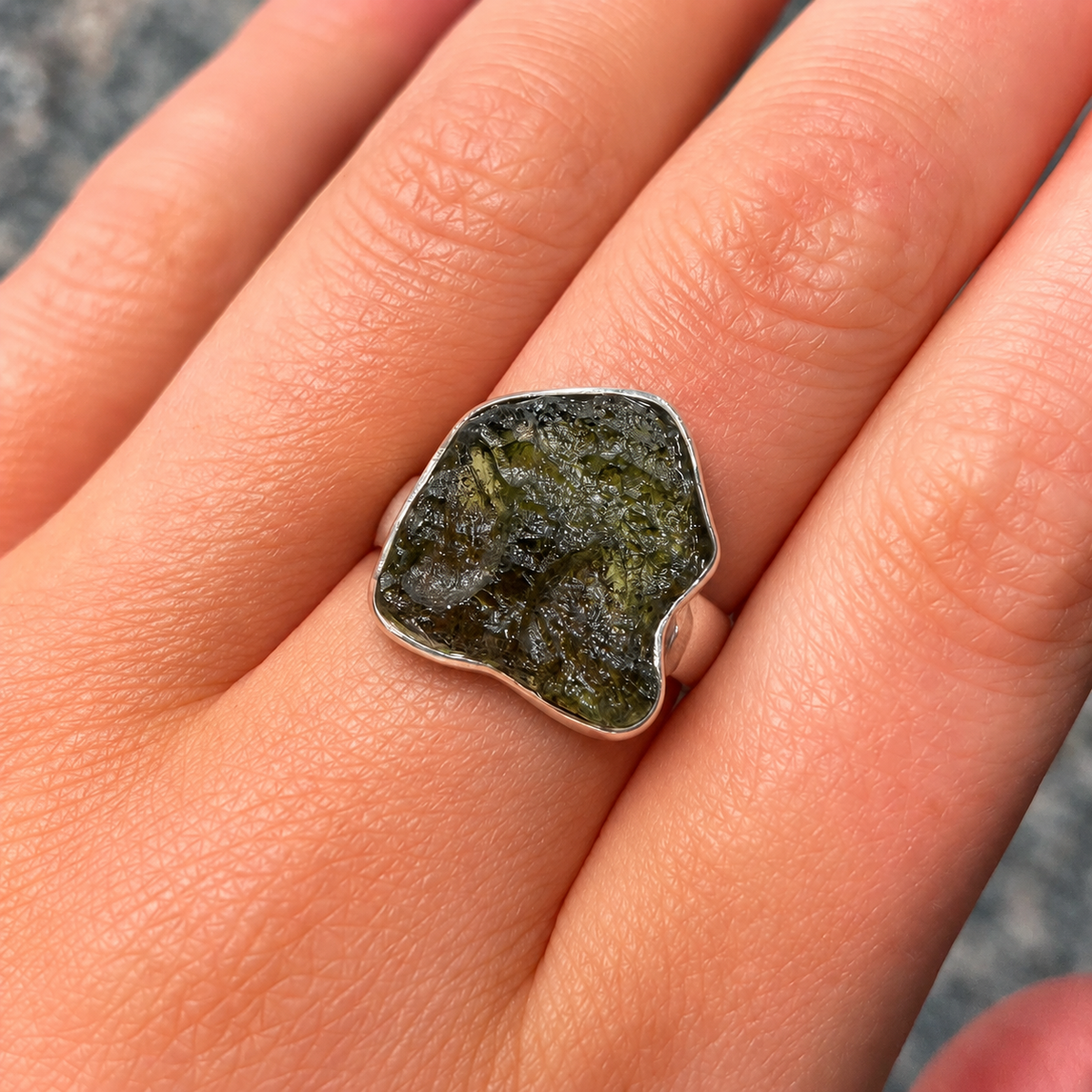 Rough Cut Green Moldavite Sterling Silver Ring | Size P