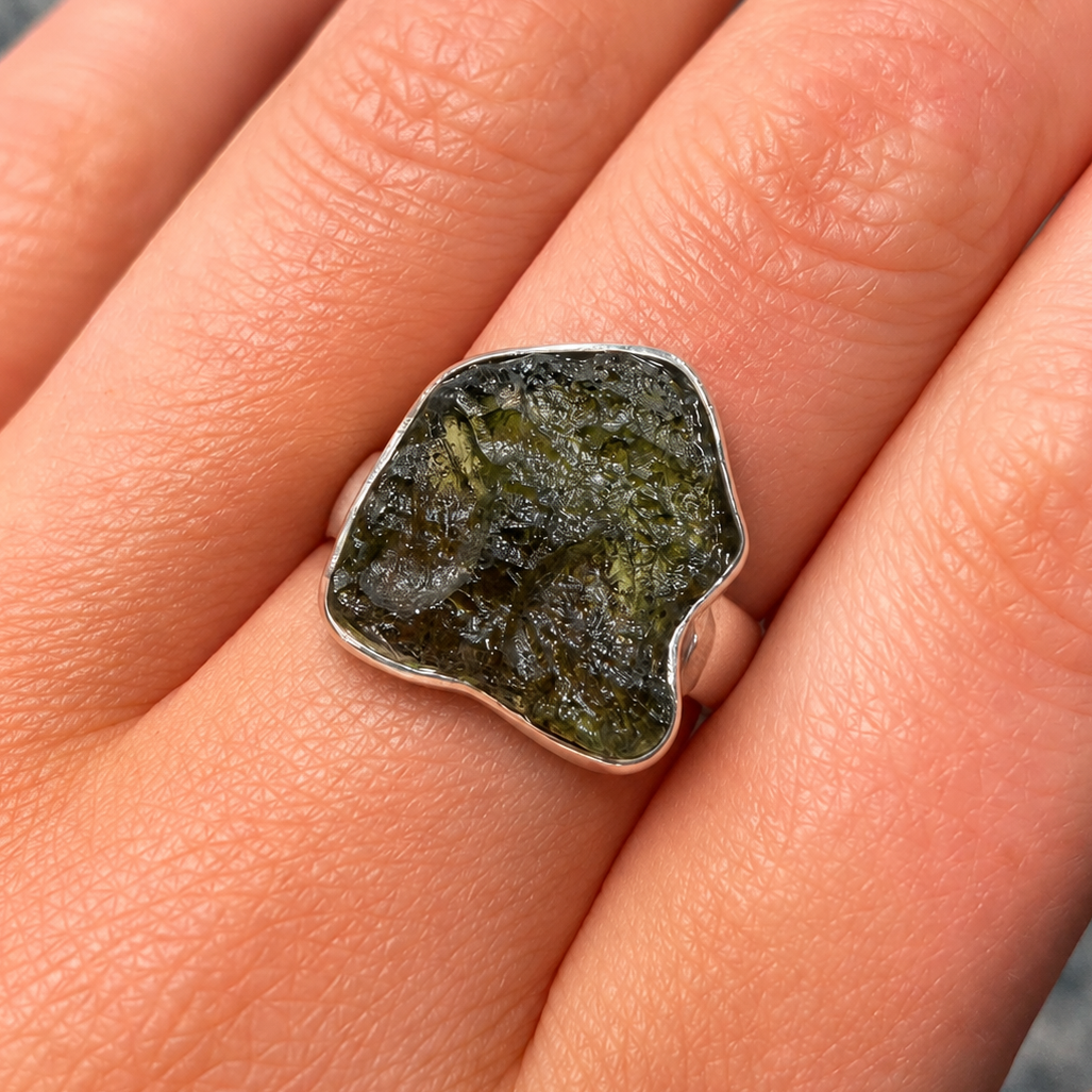 Rough Cut Green Moldavite Sterling Silver Ring | Size P