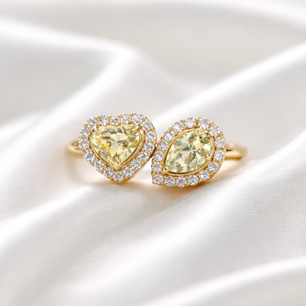 'The Lovers' Natural Yellow Diamond 18ct Yellow Gold Heart & Pear Cut Toi et Moi Ring | Size M ½