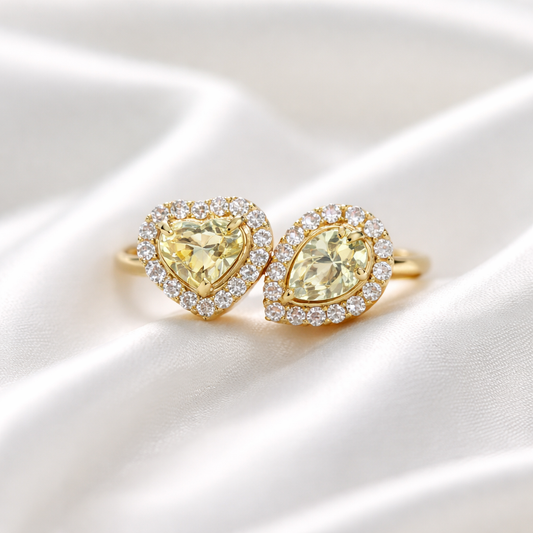 The Lovers Ring - 18ct Yellow Gold Heart & Pear Cut Toi et Moi Natural Yellow Diamond Ring - Size M ½