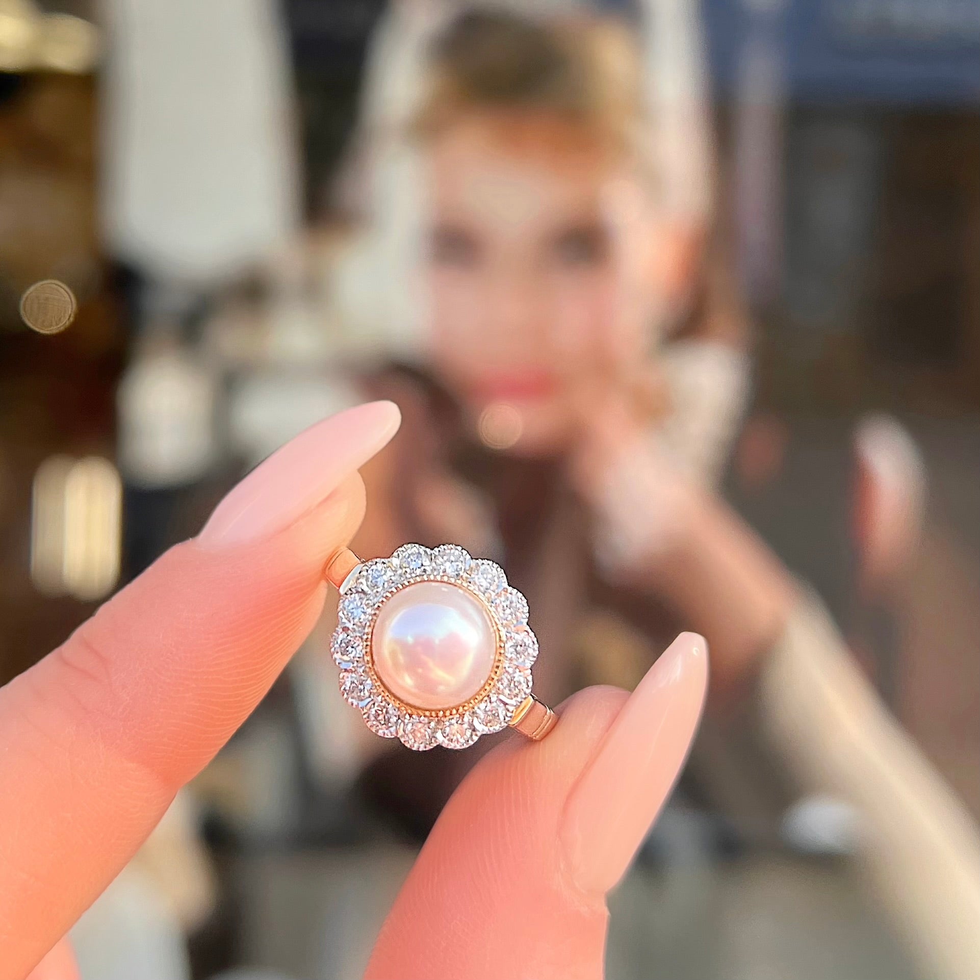 'The Audrey' Pearl and Diamond 9ct Yellow Gold Halo Cluster Ring | Size O