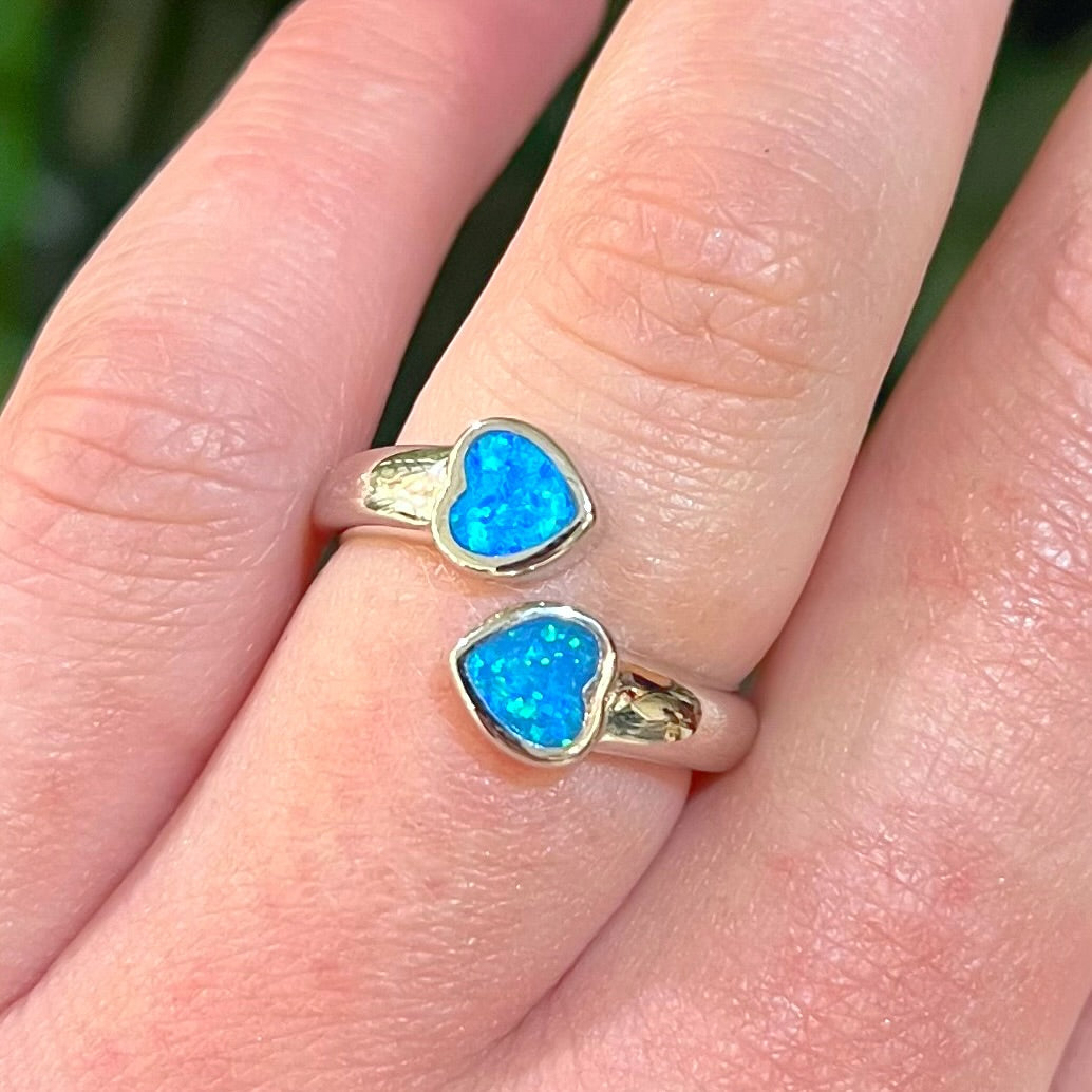 Sterling Silver Two Hearts Blue Opal Ring - Adjustable Size