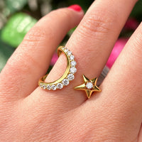 Gold on Silver Sparkling Moon and Star Adjustable Ring | Ania Haie