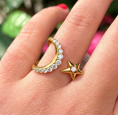 Gold on Silver Sparkling Moon and Star Adjustable Ring | Ania Haie