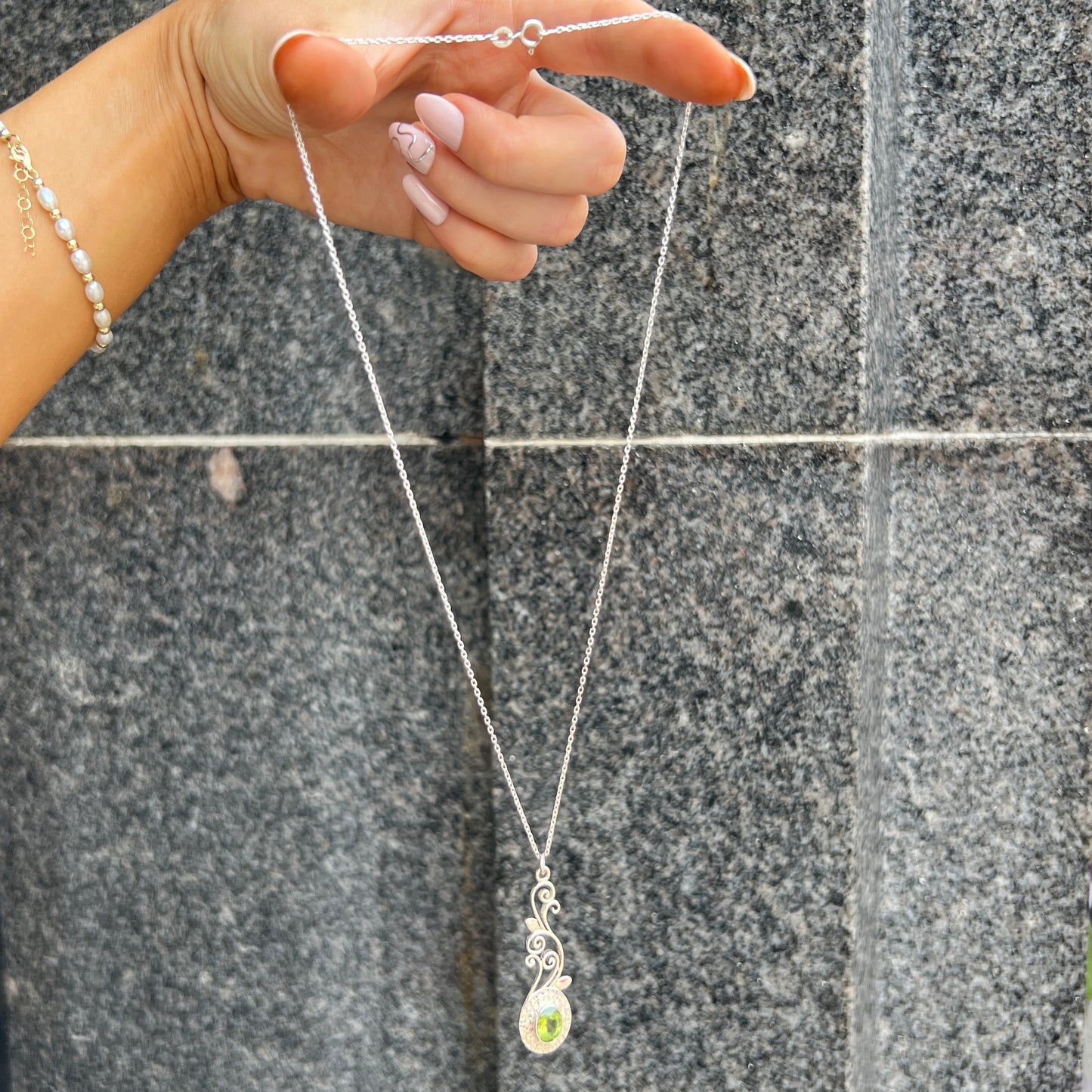 Dainty Sterling Silver Peridot Swirl Necklace